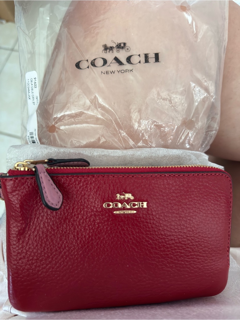 New Coach Red Pebbled Leather Wristlet with Pink Strap. Tricolor.